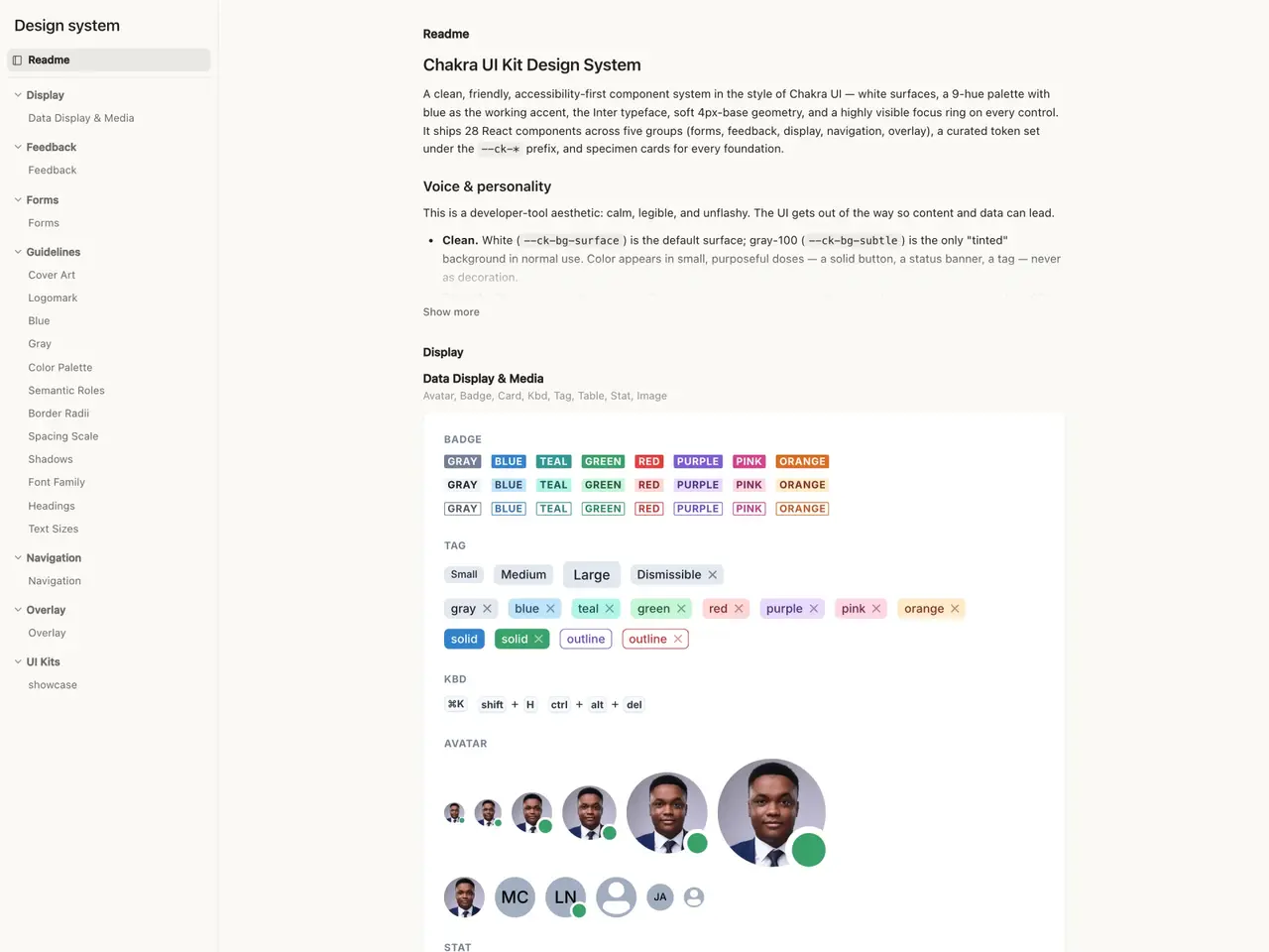 A browsable design system generated from the Chakra UI Figma Kit, showing component and token sections