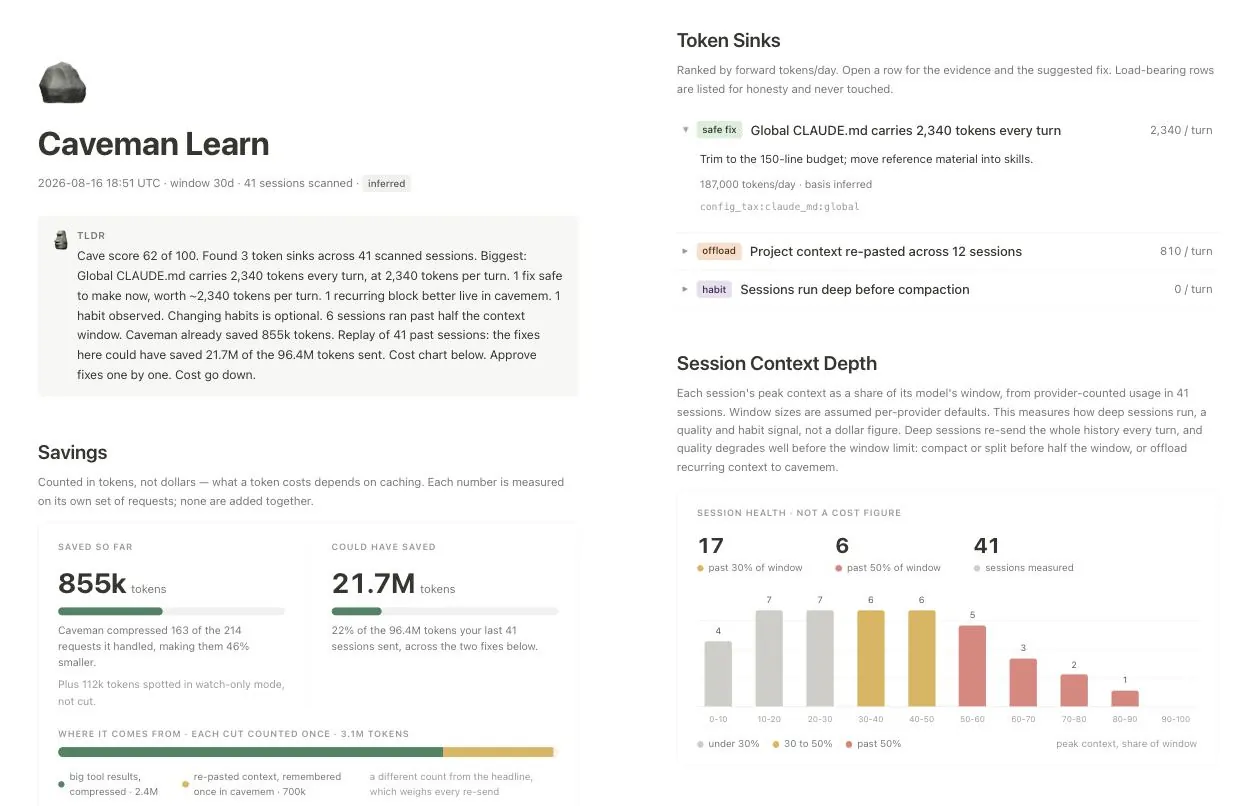 Caveman Learn report showing token sinks, savings and session context depth