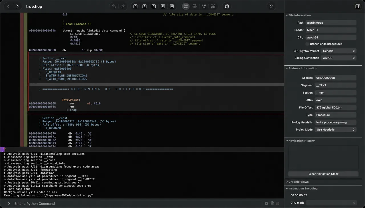 REA launching its analysis bridge inside Hopper while inspecting a native binary