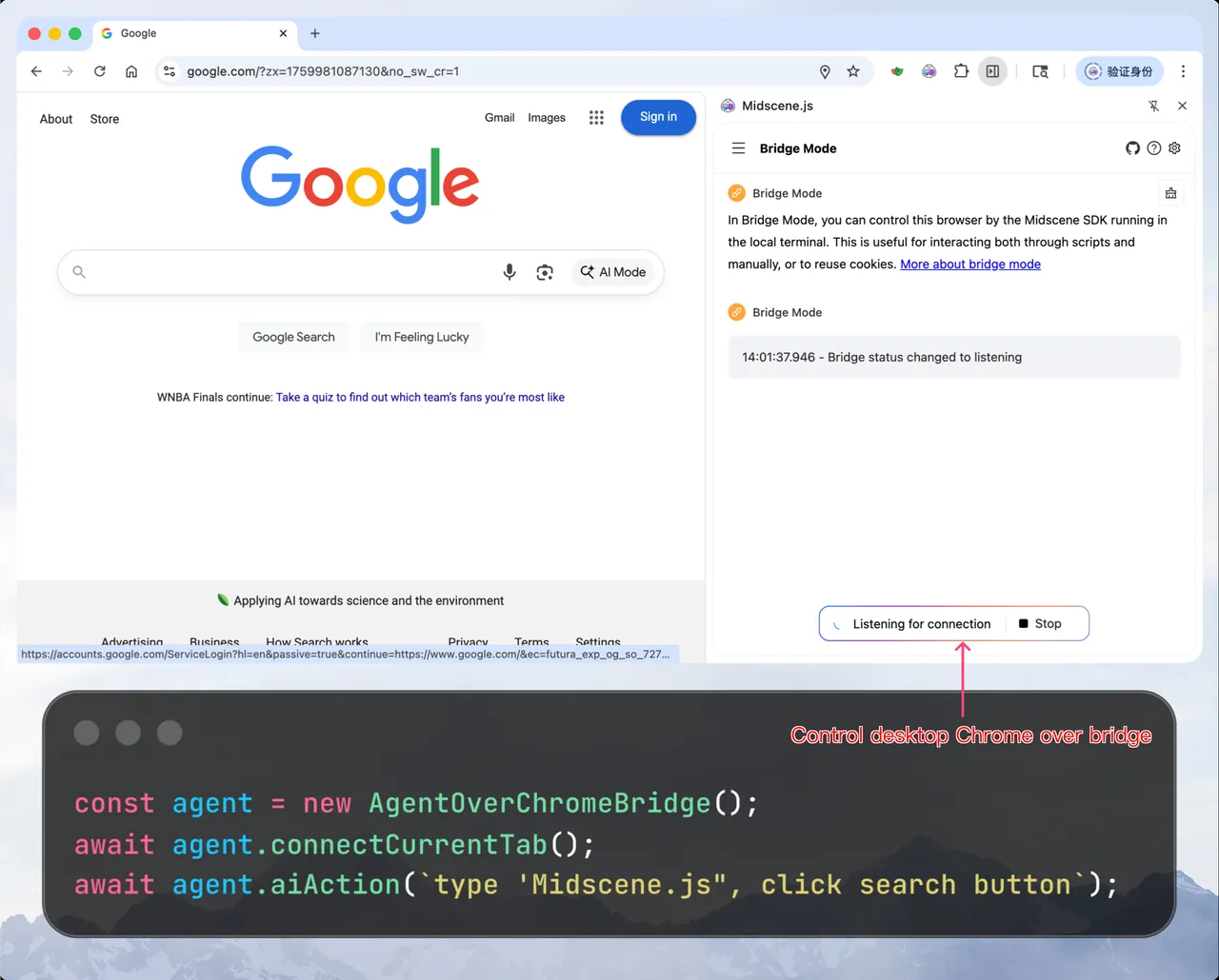 A browser-bridge diagram: the upper half shows a desktop Chrome alongside a Midscene side panel listening for a connection, and the lower half shows TypeScript code that connects the bridge agent to the current tab and runs a natural-language action