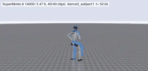 G1 tracking a jump in simulation with a blue reference ghost