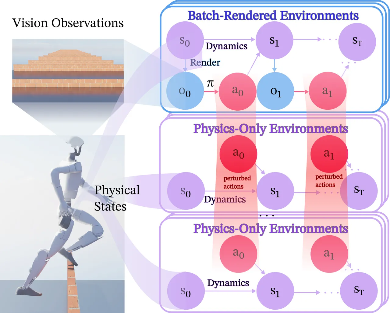 SDPG architecture with batch-rendered and physics-only environments