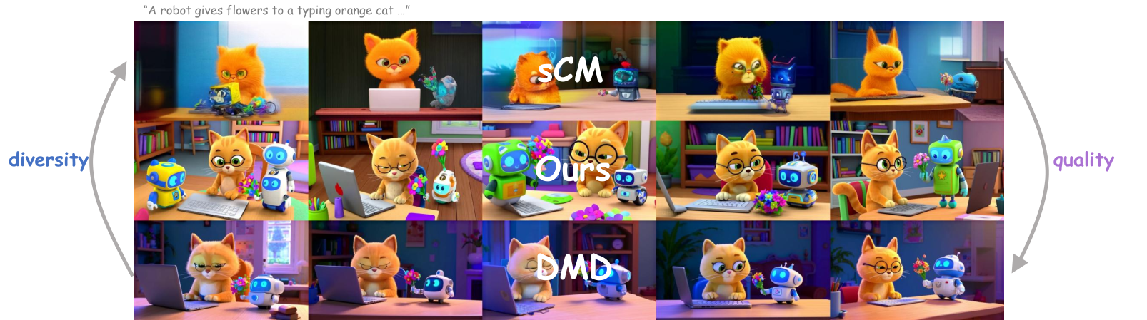 质量-多样性对比：同一 prompt 与随机种子下 sCM-only、Ours（分阶段）、DMD-only 的行列对照