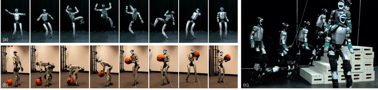 Real-world deployment: spin kick, ball pick-up with backward walking, stair traversal and jumping down