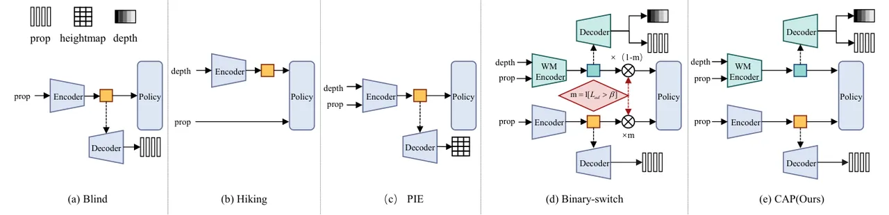 Paradigm comparison for perception-robust locomotion