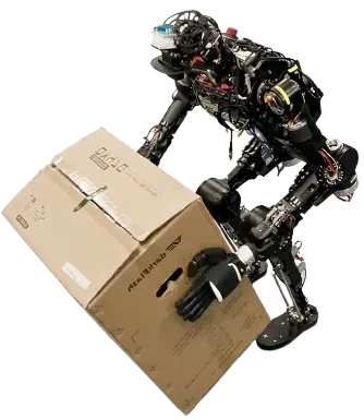 A real humanoid bending to grasp a box
