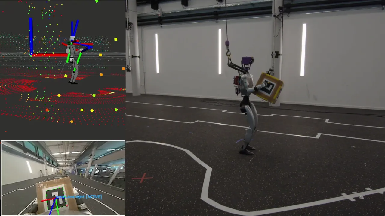 G1 lifting a box with onboard state estimation and ArUco detection