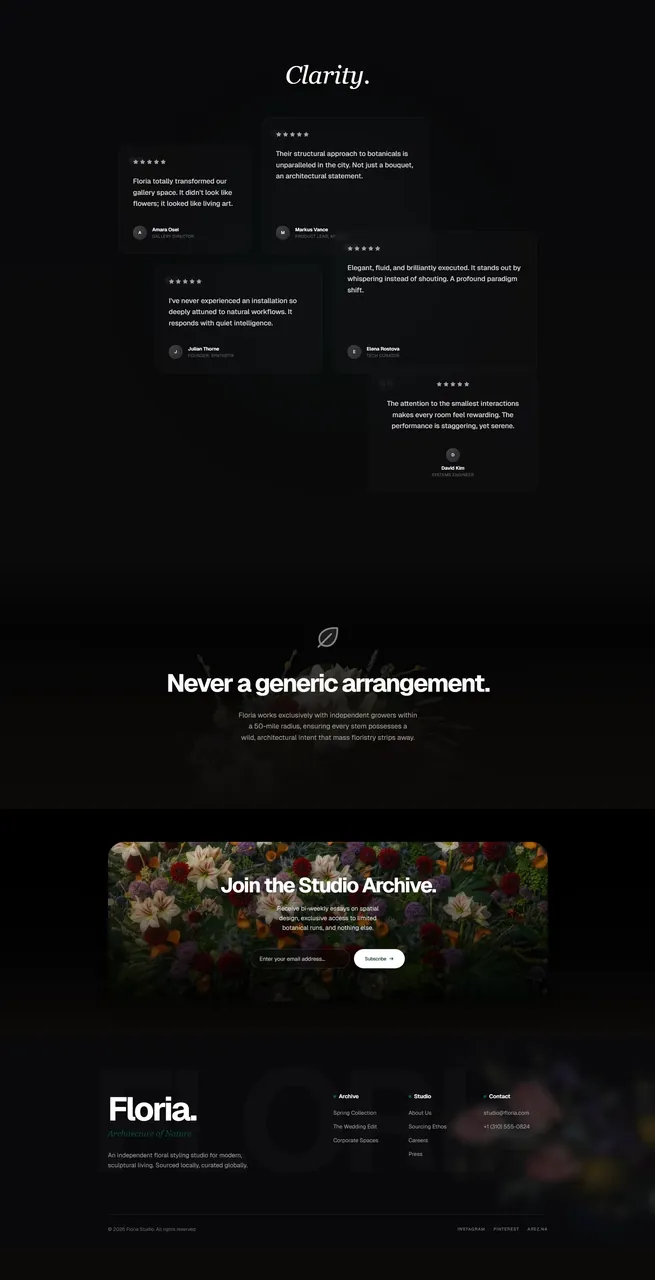 Bottom half of the Floria landing page: archive grid and footer sections