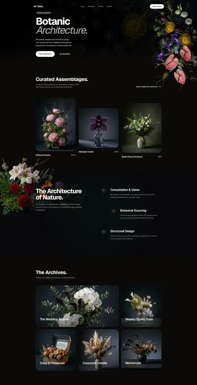 Top half of the Floria landing page credited to taste-skill in the README: dark botanical theme, asymmetric hero and card grid