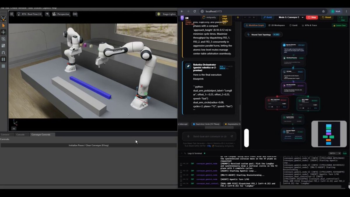 Gemini Robotics-ER 2 scripts a two-FR3 grasp: shared circle, YZ then XY (Isaac Sim + ROS 2)